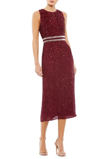 Mac Duggal Sleeveless High Neck Beaded Midi Sheath Dress In Burgundy