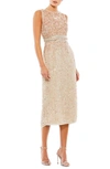 Mac Duggal Vertical Sequin Midi Sheath Dress In Beige