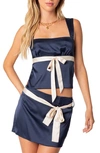 Edikted Natalia Bow Open Back Satin Top In Navy