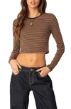 Edikted Montie Stripe Long Sleeve Stretch Cotton Crop Top In Brown