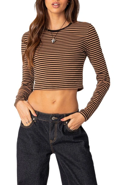 Edikted Montie Stripe Long Sleeve Stretch Cotton Crop Top In Brown