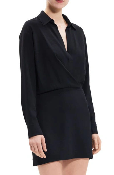Theory Rosina Crepe Faux-wrap Mini Shirtdress In Black