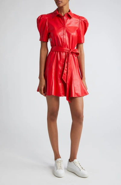 Alice And Olivia Lurlene Vegan Leather Mini Shirtdress In Bright Ruby