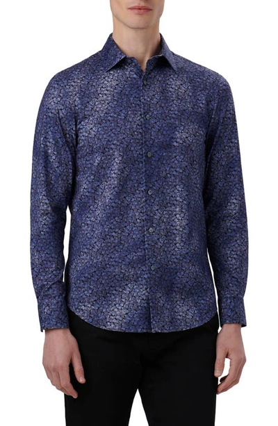 Bugatchi James Ooohcotton® Leaf Print Button-up Shirt In Indigo