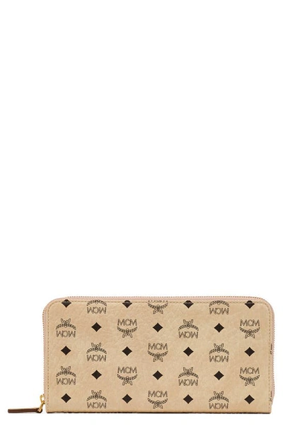 Mcm Zip Around Large Leather And Canvas Wallet In Beige