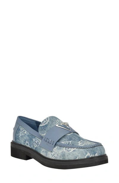 Guess Women's Shatha Logo Hardware Slip-on Almond Toe Loafers In Blue Denim - Manmade,textile