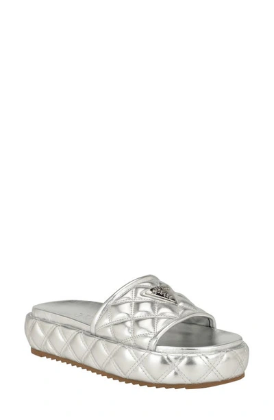 Guess Women's Longo Logo Quilted Platform Slip On Sandals In Silver