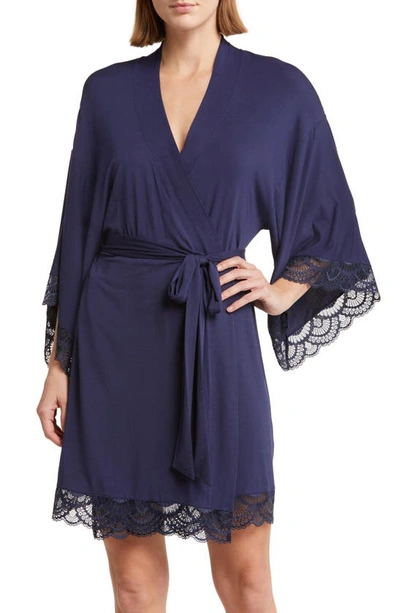 Eberjey Marianna Mademoiselle Lace-trim Kimono Robe In Navy