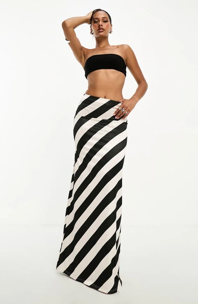 Asos Design Satin Twill Maxi Skirt In Mono Stripe-multi