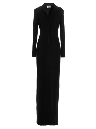 Saint Laurent Long Wool Dress In Black