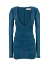 Saint Laurent Mini Blue Dress With V Neckline And Gathering Detail In Viscose Woman