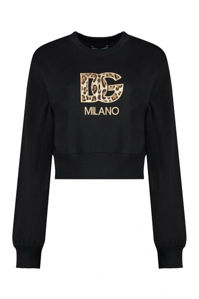 Dolce & Gabbana Logo-patch Cotton Cropped Sweatshirt In Black