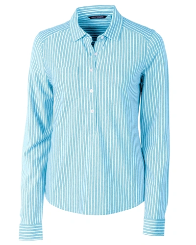 Cutter & Buck Ladies' Reach Oxford Stripe Popover Shirt In Blue