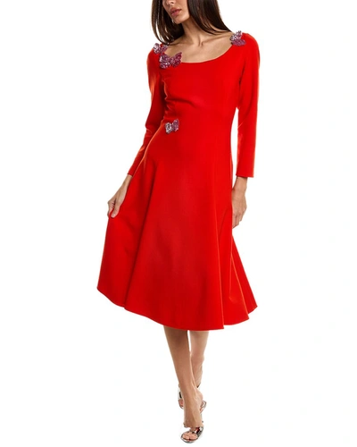 Oscar De La Renta Butterfly Applique Silk-lined Wool-blend A-line Dress In Red