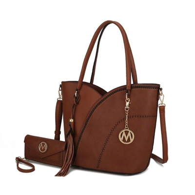 Mkf Collection By Mia K Imogene Two-tone Whip Stitches Vegan Leather Women's Shoulder Bag With Wallet- 2 Pieces In Brown