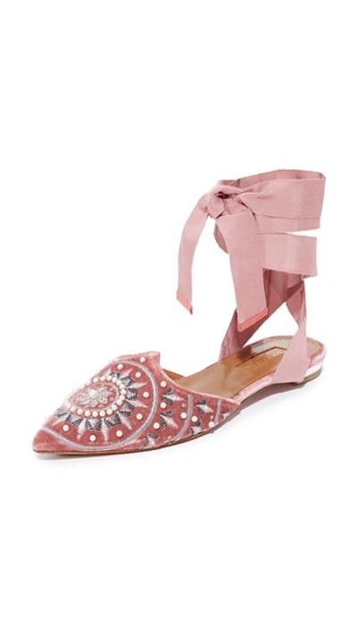 Aquazzura Stellar Embroidered Embellished Velvet Slippers In Pink&purple