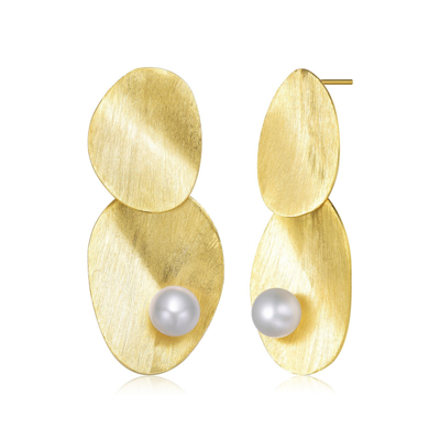 Genevive Sterling Silver 14k Yellow Gold Plated With Genuine Freshwater Pearl Unique Earrings
