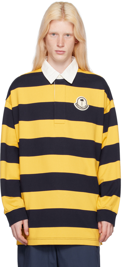 Moncler Genius Moncler X Palm Angels Yellow & Navy Striped Long Sleeve Polo In Yellow Navy Stripe