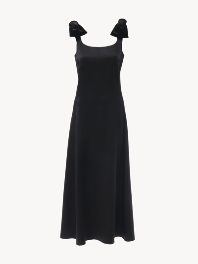 Chloé Bow-strap Midi Dress Black Size 8 53% Wool, 47% Silk In Noir