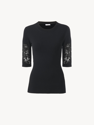 Chloé Guipure-detail Top Black Size Xs 89% Wool, 9% Polyamide, 2% Elastane In Noir