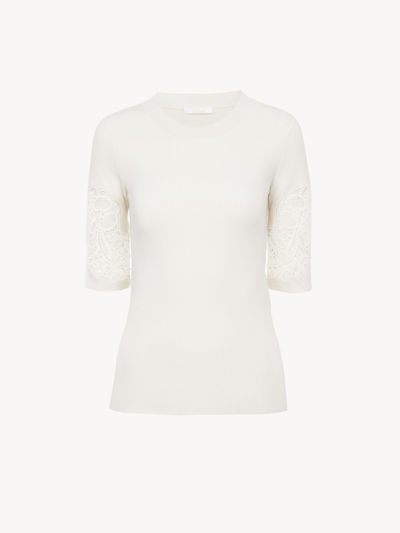Chloé Guipure-detail Top White Size Xs 89% Wool, 9% Polyamide, 2% Elastane