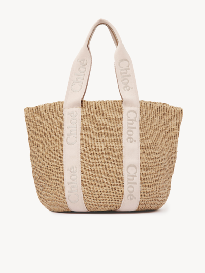 Chloé Large Panier Woody En Fibres Naturelles Femme Beige Taille Onesize 100% Papier, Cuir De Veau