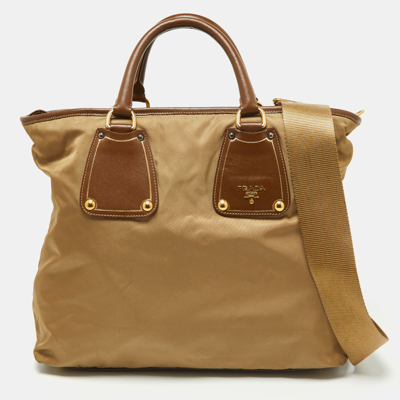 Pre-owned Prada Beige/tan Nylon And Leather Tote