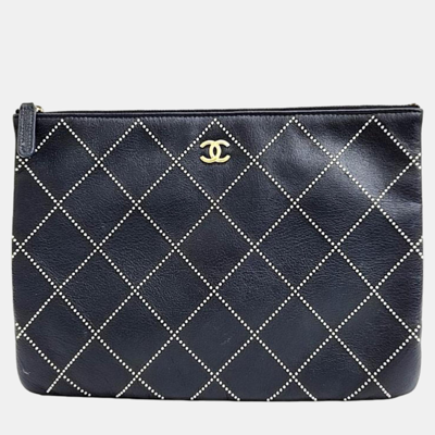 Pre-owned Chanel Black Leather Wild Stitch Clutch