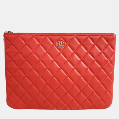 Pre-owned Chanel Red Lambskin Medium Clutch