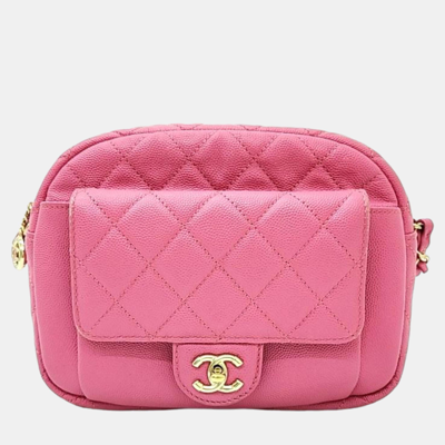 Pre-owned Chanel Pink Leather Cc Day Camera Case Chain Shoulder Bag