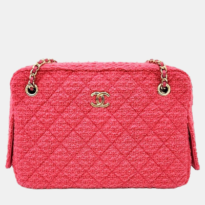 Pre-owned Chanel Pink Leather Tweed Camera Shoulder Bag