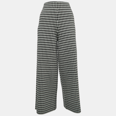 Pre-owned Ch Carolina Herrera Black Houndstooth Wool Blend Elasticized Waist Wide-leg Pants S