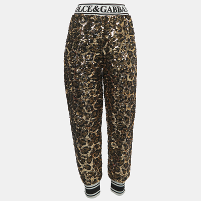 Pre-owned Dolce & Gabbana Gold/black Sequined Logo Detailed Drawstring Joggers M
