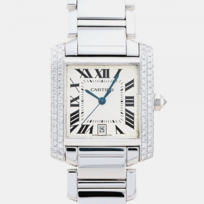 Pre-owned Cartier Silver 18k White Gold Tank Francaise We1003sf Automatic Men's Wristwatch 28 Mm