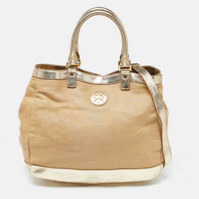 Pre-owned Tory Burch Beige/gold Raffia And Leather Satchel