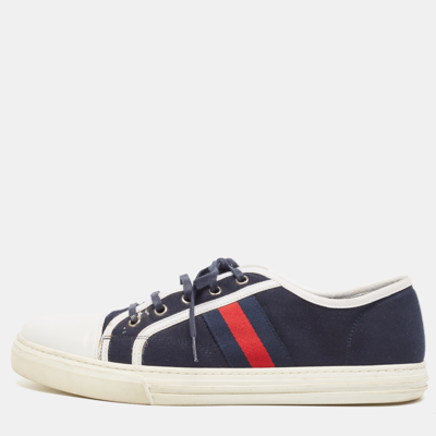 Pre-owned Gucci Navy Blue Canvas And Leather Web Detail Lace Up Trainers Size 44.5