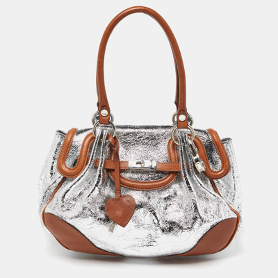 Pre-owned Moschino Metallic Silver/tan Foil Leather Flap Satchel