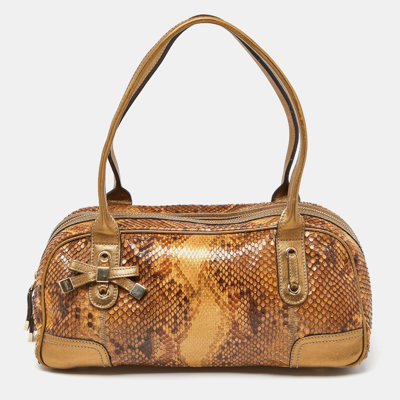 Pre-owned Gucci Gold/brown Python And Leather Princy Boston Bag