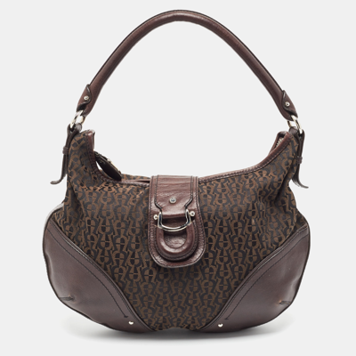 Pre-owned Aigner Dark Brown Monogram Canvas And Leather Buckle Flap Hobo