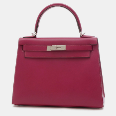 Pre-owned Hermes Kelly 28 Outside Sewing Handbag Tadelakt Ruby Silver Hardware U Engraved In Pink
