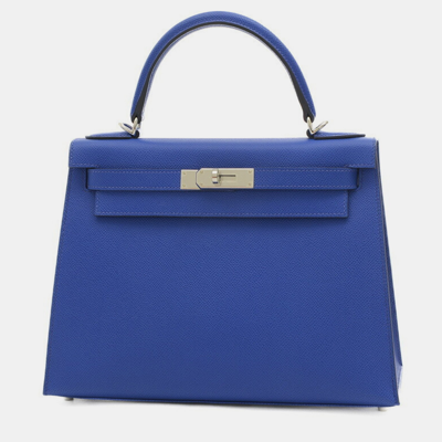Pre-owned Hermes Kelly 28 Outside Stitching Handbag Epson Blue Royale Silver Hardware B Engraved
