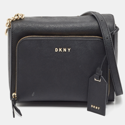 Pre-owned Dkny Black Leather Front Zip Crossbody Bag