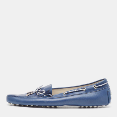 Pre-owned Tod's Blue Leather Bow Slip On Loafers Size 41