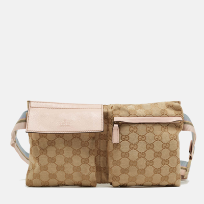 Pre-owned Gucci Beige/pink Gg Canvas And Leather Double Pocket Belt Bag