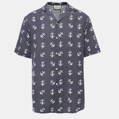 Pre-owned Gucci Black Anchor Print Linen Blend Oversized Bowling Shirt M