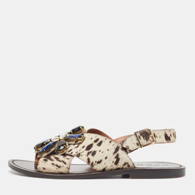 Pre-owned Marni White/brown Animal Print Calf Hair Crystal Embellished Flat Sandals Size 39