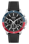 Hugo Boss Leather-strap Chronograph Watch With Two-tone Bezel Men's Watches In Black