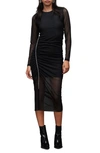 Allsaints Nora Ruched Sparkle Midi Dress In Black