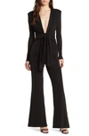 MISHA COLLECTION THELKA KNOT DETAIL PLUNGE LONG SLEEVE FLARE JUMPSUIT