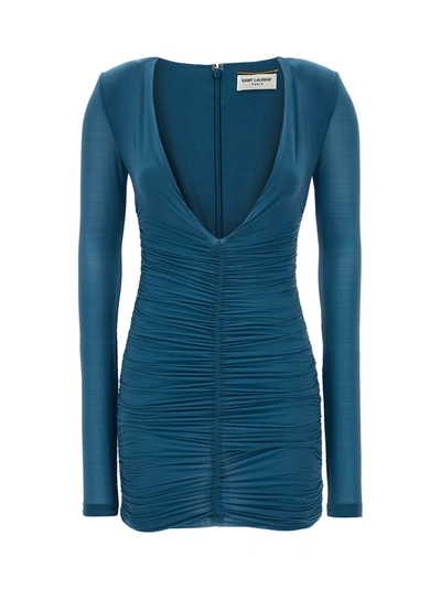 Saint Laurent Ruched V-neck Mini Dress In Blue